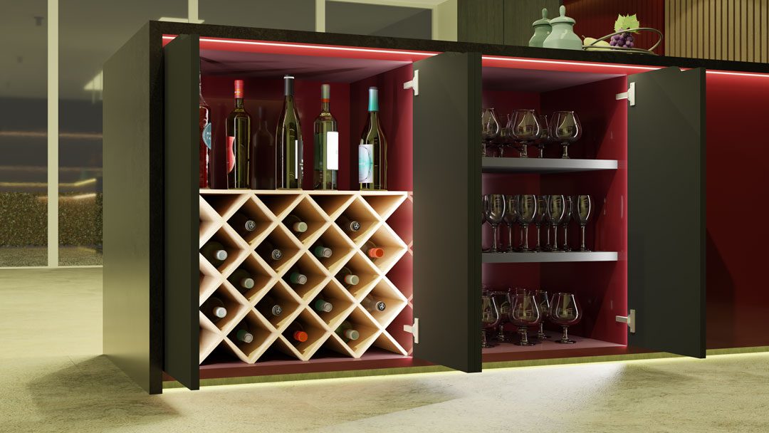 Wine Modern kitchen cabinet with two open doors; left side displays a wine rack with bottles, right side shows shelves with multiple wine glasses, all illuminated by interior lights.